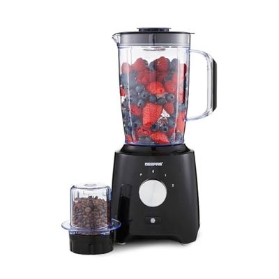GEEPAS 2-in-1 Food Jug Blender | 1.8L Juice Jar & 60G Mini Coffee Spice Mill | 6-Leaf Stainless-Steel Blades 2 Speed & Pulse Lockable Lid Smoothie Maker Turbo Button for Ice Crushing | 600W Black