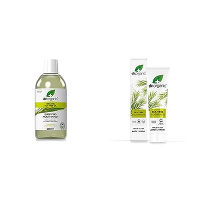 Dr. Organic Enjuague Bucal y Dentífrico de Árbol de Té, Antibacteriano, Sabor Menta, 500 ml y 100 ml