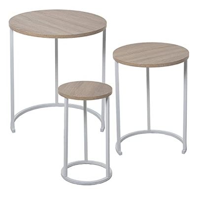 Set de 3 mesas auxiliares Redondas de Madera y Metal en Blanco y Natural 48x58cm, 38x52,5 y 28x48cm