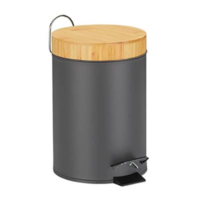 Relaxdays Badsoptunna, 3 l, automatisk sänkning, bambulock, avtagbar innerhink, pedalhink, grå, järn