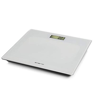 Emerio Pèse-personne numérique avec capteurs précis, technologie step-on, avec 2 piles AAA, écran LC, unités en kg/lb/st, jusqu'à max. 180 kg, ultra-mince, automatique, verre blanc, 28 x 28 x 2 cm