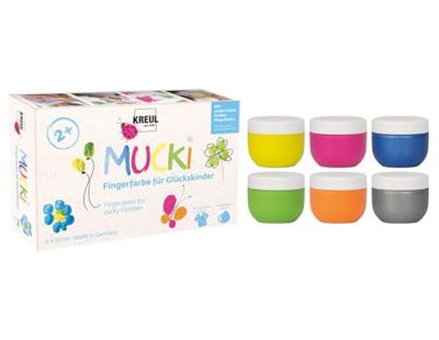 KREUL 23050 - Mucki vingerverf voor gelukskinderen, 6 x 50 ml in geel, roze, ruitblauw, groen, oranje, drakenzilver, parabeenvrij, glutenvrij, lactosevrij, veganistisch, afwasbaar