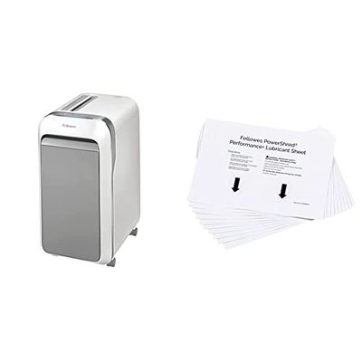 Fellowes distruggi documenti a microframmento LX221, 20 fogli, cestino da 30 litri, bianco + Fogli oliati lubrificanti per distruggidocumenti, bianchi, confezione da 10 fogli