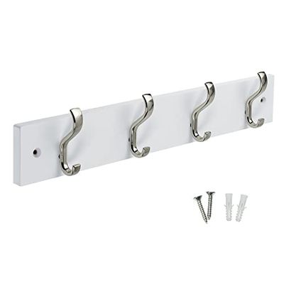 Keypak Minimalistic Wall-Mounted Coat Rack – 4 Hooks on Stylish Modern Wooden Base for Wall & Door – 38cm – All Fixings Included (Satin Nickel/White)