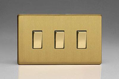 Varilight 3-Gang 10A 1- or 2-Way Rocker Light Switch (Twin Plate) Brushed Brass XDB93S, 86x147x25mm