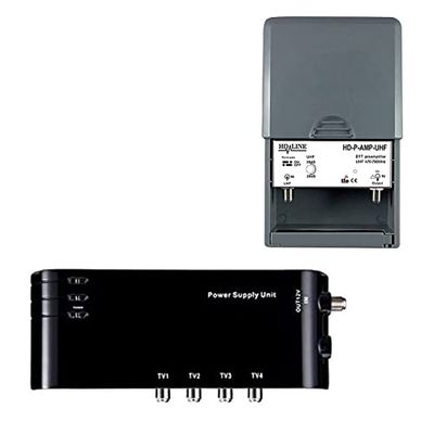 HD-LINE Kit4/1 – Pré-amplificador 4/1 TV amplificador alimentação 4 saídas TV para antena TNT preta