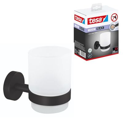 tesa® MOON BLACK Gobelet Porte Brosse à dents en verre satiné avec support, Noir mat - Salles de Bains Modernes et de Style Industriel - Sans Perçage - 96 mm x 70 mm x 109 mm