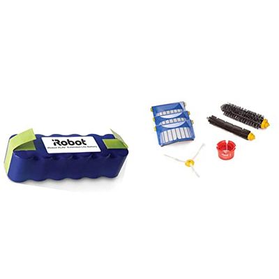 iRobot 4419696 - Batteria Lunga Durata Xlife, Parti Originali & 820262 Kit di Ricambi Roomba Serie 600, Parti Originali, Setole, Gomma, Laterale, 3 Filtri AeroVac Blu