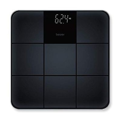 Beurer GS 235 Báscula de vidrio, báscula personal digital con pantalla mágica, superficie antideslizante y elegante en una estructura de azulejo mate, encendido y apagado automático, negro