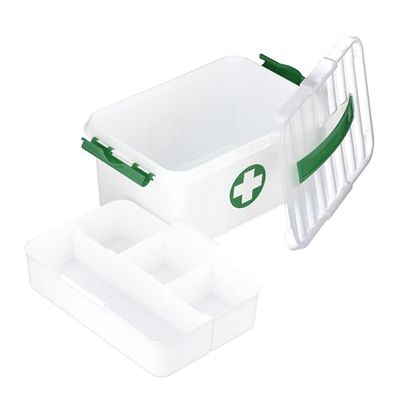 Relaxdays Scatola Medica Cassetta Kit Pronto Soccorso, 5 Scomparti, Box per Medicinali, Plastica, HLP: 14,5 x 30 x 20 cm, Bianco Verde
