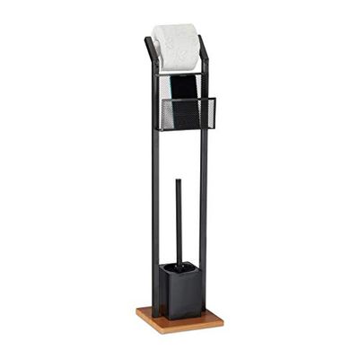 Relaxdays Ensemble WC AV. étagère, Brosse WC et dérouleur Papier, Support pour Portable, Aspect Bois, H 78 cm, Noir
