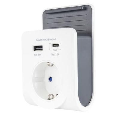 REV Caricatore USB – Adattatore con pratico vassoio per smartphone, con USB (tipo A & C), presa 230 V, bianco