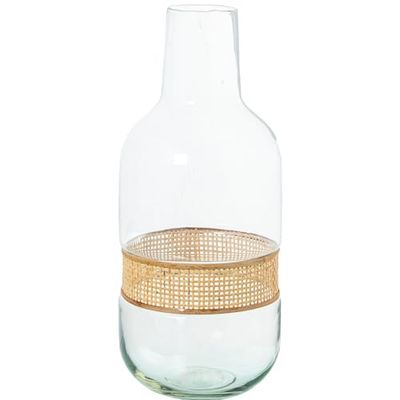 Vaso di vetro con vimini in trasparente e naturale 15x15x36 cm