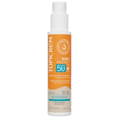 Topicrem - Sun Protect, Spray Solaire Hydratant Visage et Corps SPF50+ - Fluide Solaire Très Haute Protection, Hydrate 8h - Soin Peaux Sensibles, Dès 3 Ans - Parfum Ensoleillé - 150 ml
