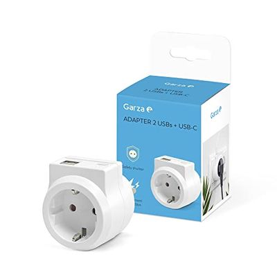 Garza - Adaptador enchufe con 1 Toma Schuko + 2 Puertos USB + 1 Puerto USB C, Protección infantil, Blanco