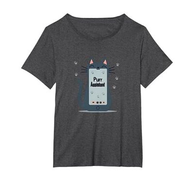 Asistente de ronroneo: Lindo diseño de teléfono Inteligente de Gato para Amantes de Las Camiseta, Mujer Tallas Grandes, Jaspeado Oscuro, 1XL Grande