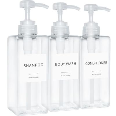 Lot de 3 distributeurs de Savon, shampooing et après-shampoing, Bouteilles à Pompe Rechargeables en Plastique avec étiquettes étanches, pour Salle de Bain/Douche, vides (Transparent, 500 ML)