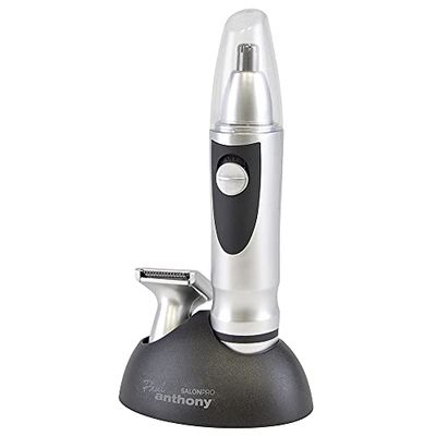 Paul Anthony Salon Pro Nose & Beard Trimmer - High Carbon Steel Blades - Nasal Clipper & Trimmer Heads - LED Light Illumination - Battery Operated - Includes Stand - Silver - H5130BK