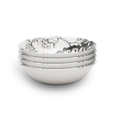 Wade WA967044BLK Botanical Night Set of 4 Cereal Bowls with Black Floral Design, Crafted from Earthenware, Made in Stoke-on-Trent, 19cm, Black