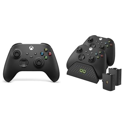 Xbox Wireless Controller – Carbon Black+Venom Twin Charging Dock with 2 x Rechargeable Battery Packs - Black Series X & S One