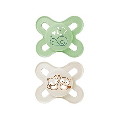MAM Start Latex fopspeen in set van 2, babyfopspeen speciaal voor pasgeborenen, fopspenen van duurzame en biologisch hernieuwbare materialen, met fopspeenbox, 0-2 maanden, slak/vos