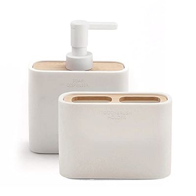 GEDY | Set Melbourne 2 pièces, 1 Distributeur de Savon et 1 Porte-Brosse à Dents, série fabriquée en résine et Bambou avec Finitions Blanches