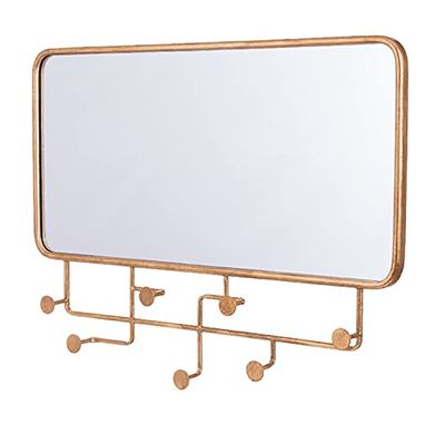 DRW Appendiabiti da parete con 7 pomelli e specchio in metallo in oro 80 x 6,5 x 61 cm, specchio 77 x 38 cm