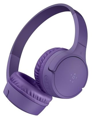 Bezprzewodowe słuchawki dla dzieci Belkin SoundForm Mini, wbudowany mikrofon, 30 h odtwarzania, z naklejkami – nauszne słuchawki do nauki zdalnej, szkoły, podróży, iPhone'a, iPada, Galaxy – fioletowy