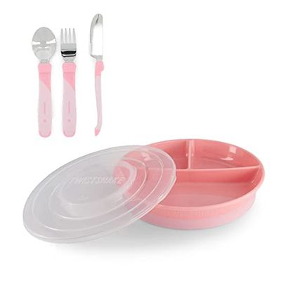 Twistshake Barnservis Set | 3-delad tallrik + Bebisbestick i Rostfritt Stål 12+m | BPA-fri Barntallrik och barnskål | Matträningskit för barn | Babytallrikar | Bebisprodukter | Rosa