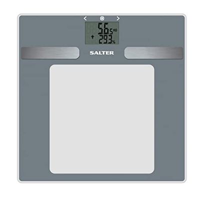 Salter 9198AR SV3R Báscula analizadora de vidrio digitales, baño, memoria de 8 usuarios, mide peso, IMC, grasa y agua corporal, pantalla LCD fácil leer, vidrio templado fina, pilas incluidas, plateada