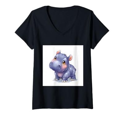 Mujer Lindo hipopótamo de Dibujos Animados hipopótamo Chibi Lindo Camiseta Cuello V