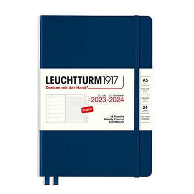 LEUCHTTURM1917 367684 Weekly Planner & Notebook Medium (A5) 2024, 18 mesi, blu navy, inglese