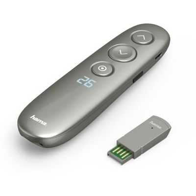 Hama | Puntero Láser Inalámbrico (Puntero Digital, Avanzar o Retroceder Diapositivas, Carga Rápida, Batería Recargable de Larga Duración) Color Gris