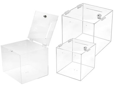 TUKA-i-AKUT Juego de 3 Caja de Donaciones 30cm + 25cm + 20cm, con Cerradura, Cristal Acrílica Caja, Caja de Lotería / Caja de Promoción / Caja de Acción / Caja de Votaciones Transparente TKD8260-Set