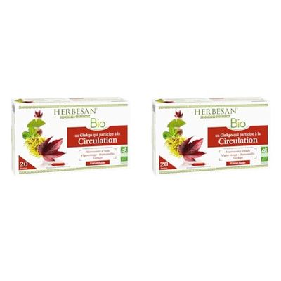 HERBESAN®-CIRCULATION BIO-Circulation, Jambes légères-Marronnier d’inde,Hamamélis,Vigne rouge,Ginkgo biloba-20 ampoules de 15ml (Lot de 2)