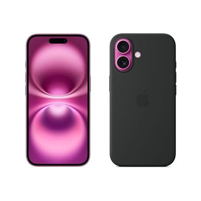 Apple iPhone 16 (128 GB) - Roze + Siliconenhoesje met MagSafe - Zwart