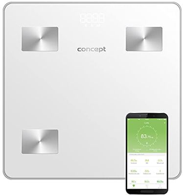 Concept VO4000 Glazen diagnoseweegschaal, personenweegschaal met app, digitale weegschaal, lichaamsanalyse, lichaamsvetweegschaal, spiermassa, BMI led-display, bluetooth, gewicht tot 180 kg, wit
