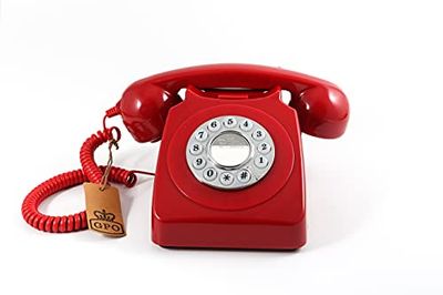 GPO 746 Téléphone fixe rétro de style années 1970 à bouton poussoir - Cordon extansible, sonnerie authentique - Rouge