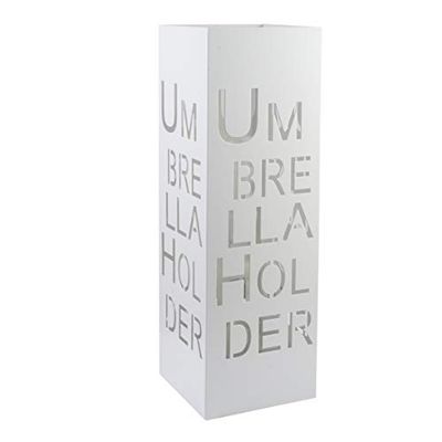 Baroni Home Portaombrelli Design Moderno Porta Ombrelli in Metallo con Intaglio Scritta Umbrella Holder Bianco con Gancino e Vaschetta Scolapioggia Rimovibile 15,5X15,5X49 cm