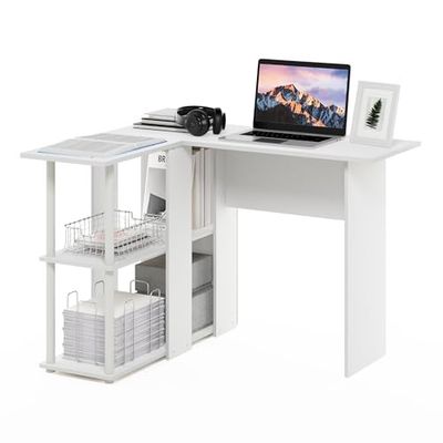 Furinno Abbott en Forma de L Escritorio con estantería, Madera de ingeniería, Blanco/Blanco, 41.14 (W) x 28.94 (H) x 34.45 (D) Inches