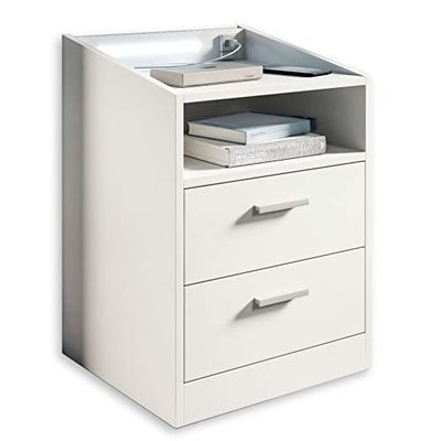 Lumo Nachtkastje in wit, functioneel nachtkastje met USB-poort en ledverlichting, 46 x 67 x 42 cm (b x h x d)