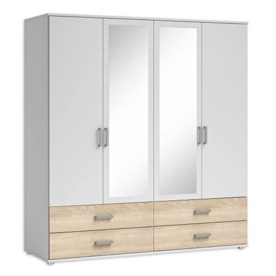 Stella Trading Ivar specchi e cassetti, Versatile Armadio a 4 Ante girevoli, Colore, Effetto, Legno ingegnerizzato, Bianco/Rovere Sonoma, 2 Holztüren / 2 Spiegeltüren