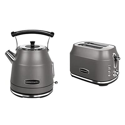 Rangemaster Classic Grey Cordless Electric Kettle (1.7L, 3kW) & 2 Slice Toaster (1kW) With Defrost, Cancel & Reheat Functions