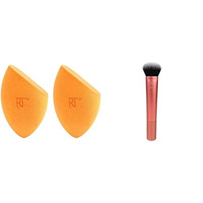 Real Techniques Miracle Complexion Makeup Sponge for full cover foundation, Pack of two (Packaging May Vary) & Expert Face Makeup Brush for Foundation (Packaging and Handle Colour May Vary)