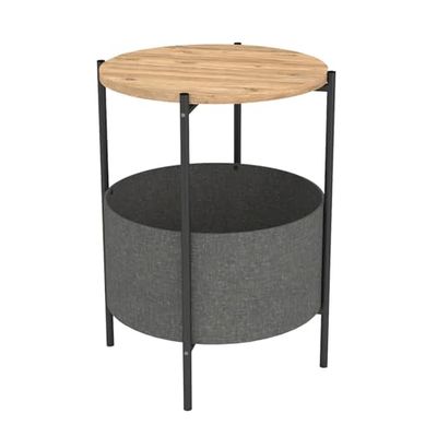 Mesa auxiliar, Mesa de sofá, Mesa de Centro móvil, Mesita de Noche. Estilo industrial. Estructura metálica negra, tapa de melamina color roble Safir y Bolsa de almacenaje textil gris. (Alto 60 cm/Diám