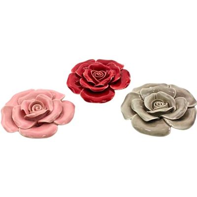 Hoogwaardige porseleinen bloemen, porseleinen rozen, keramische bloemen, decoratieve bloemen als set van 3 in roze, rood en grijs, afmetingen per bloem 9 x 9 x 3 cm