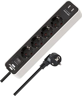 Brennenstuhl Ecolor Power Strip 4-fold with USB charging socket (Extension Lead with 2x USB charger, switch and 1.5m cable) white/black