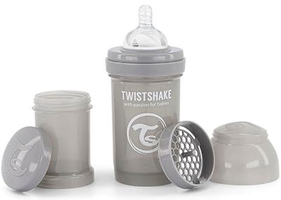 Twistshake Biberão anticólicas com cetina, fluxo lento de silicone para bebés, alimentação semelhante ao peito, garrafa para beber leite, 180 ml, sem BPA, 0 meses, cinzento pastel