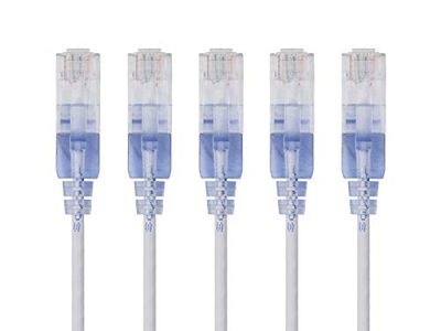 Monoprice SlimRun Cabo de ligação Ethernet Cat6A de 3 pés, branco, cabo de rede de internet, RJ45, 550 MHz, UTP, cabo de cobre puro np, 10G, 30 AWG, embalagem de 5