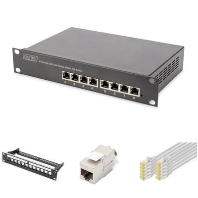 DIGITUS Set: Kit di rete da 10 pollici - 1x switch PoE, 8 porte, non gestito - 1x patch panel Keystone a 12 porte - 8x modulo Keystone Cat6A - 10x cavo di rete Cat-6A grigio, 0,25 m